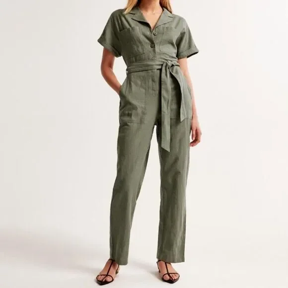 Abercrombie & Fitch Linen Blend Belted Utility Jumpsuit in Green | Large - Picture 1 of 9